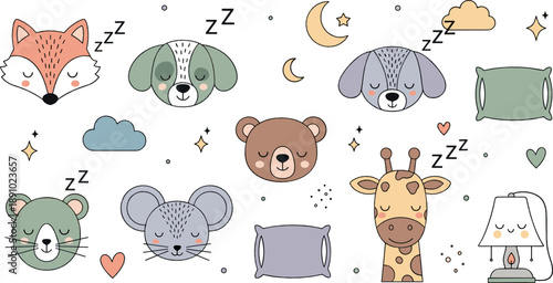 Cute sleeping animal vector set with fox, dog, bear, giraffe, koala, pillows, moons, stars, clouds, and cozy bedtime cartoon elements