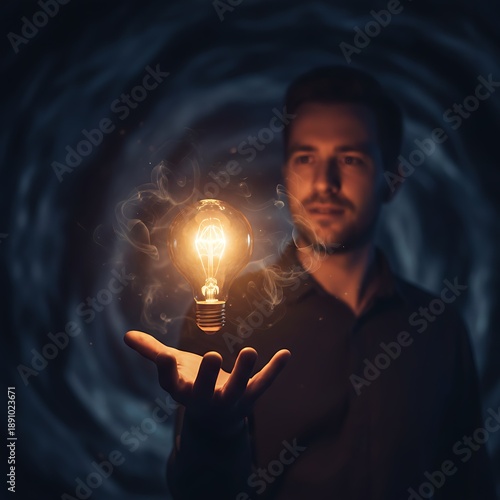 Man Holding Glowing Light Bulb Symbolizing Creativity and Ideas