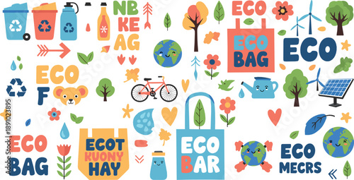Colorful eco friendly vector set with recycling icons, eco slogans, Earth characters, green energy, reusable bags, and environmental awareness elements