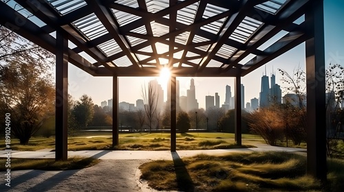 Architectural Steel Pavilion Framing Open Landscape Horizon sunset in the city park