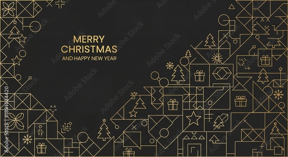 Fototapeta premium A festive Christmas and New Year greeting card with gold geometric designs
