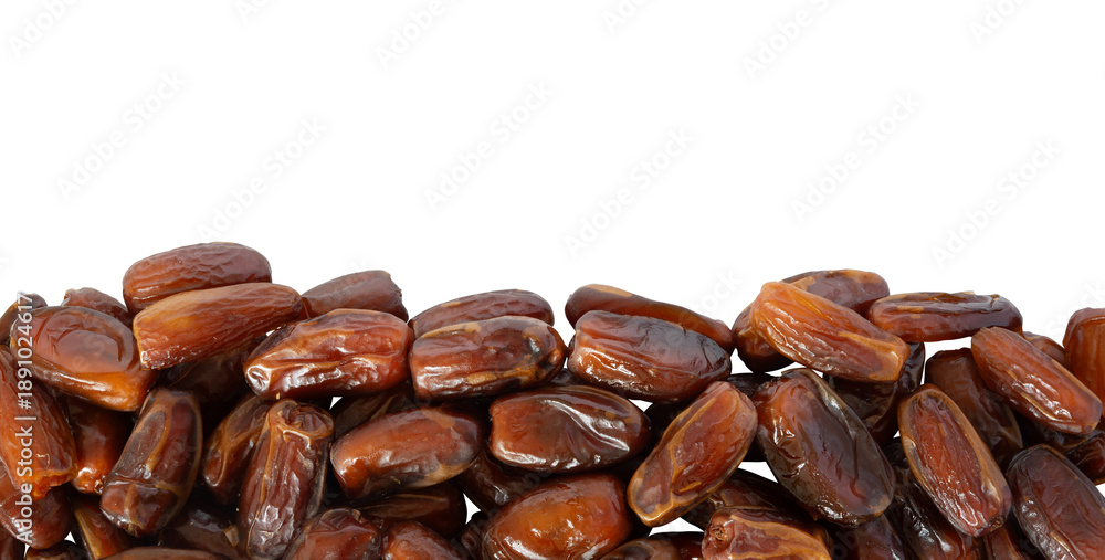 Obraz premium dates palm fruit closeup on white. ramadan fruit border background