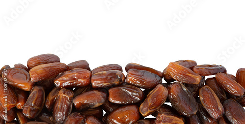 dates palm fruit closeup on white. ramadan fruit border background