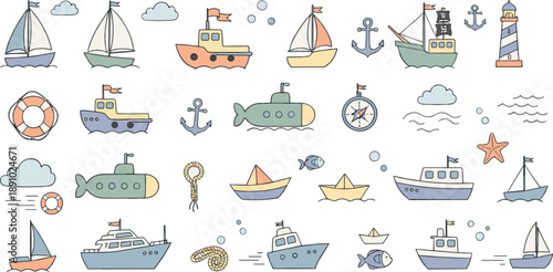 Cute nautical vector set with boats, ships, submarines, anchors, lighthouse, lifebuoys, paper boats, and playful ocean cartoon elements