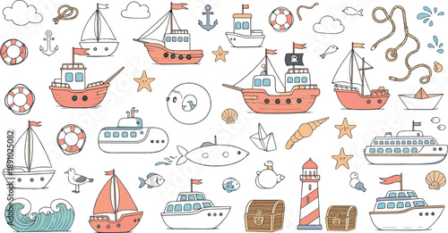 Cute nautical vector set with boats, ships, anchors, lifebuoys, lighthouse, waves, sea creatures, treasure chests, and playful ocean cartoon elements