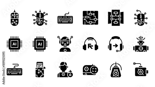 Collection of various black technology icons displayed on a white background