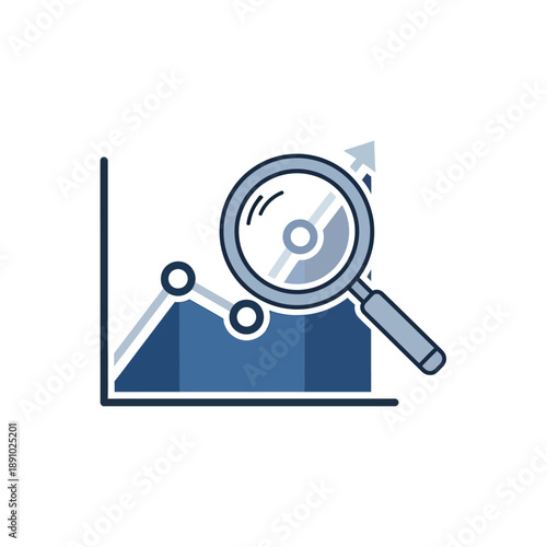 Magnifying glass over a rising graph, symbolizing business analysis, financial growth, and successful strategy implementation