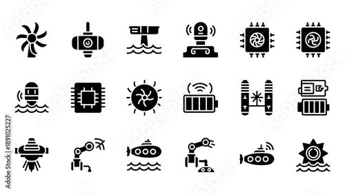 Collection of black technology icons on white background representing various industrial and technological concepts