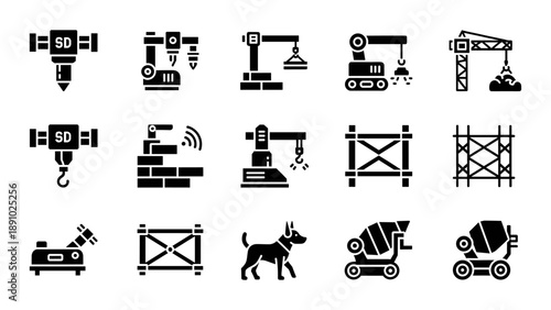 Industrial machinery icons collection featuring robotic arms, cranes, and construction equipment