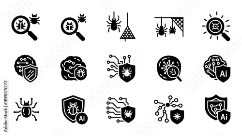 Black and white icons representing various concepts including security, artificial intelligence, and bugs on a white background