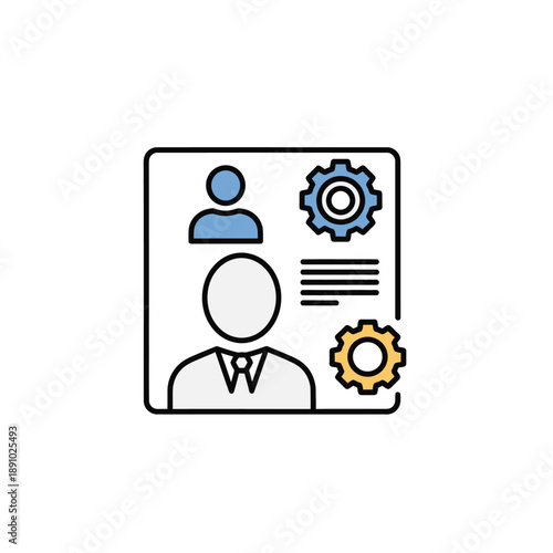 Human resources management and career development icons representing employee profile with gears symbolizing skills and progress