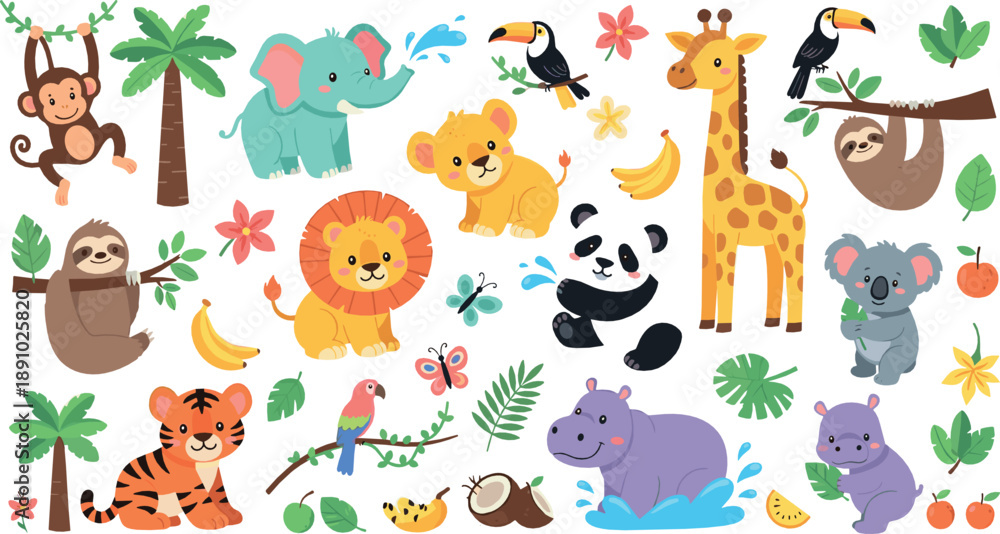 Naklejka premium Cute jungle animals vector set with lion, elephant, giraffe, panda, tiger, sloth, toucan, hippo, and playful cartoon wildlife characters