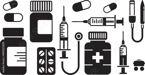 Collection of medical supplies including pills, syringes, and bottles, symbolizing healthcare and treatment.