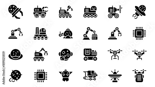 Collection of black icons representing various industrial and technological machinery and equipment on a white background 30.eps