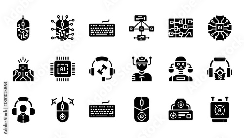 Collection of black icons representing technology and communication on a white background viewed from directly above