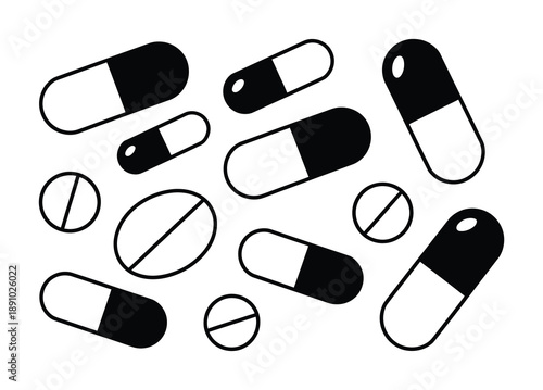 A Collection of Vector illustration Black and White Pill and Capsule