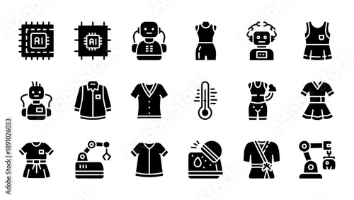 Collection of black and white clothing and technology icons on a white background