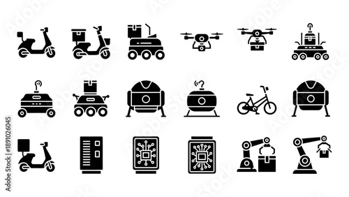 Collection of black icons representing various machines and vehicles on a white background