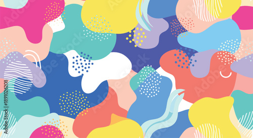 Colorful abstract fluid pattern vector set with organic blobs, dots, waves, vibrant pastel palette, and modern playful seamless background design