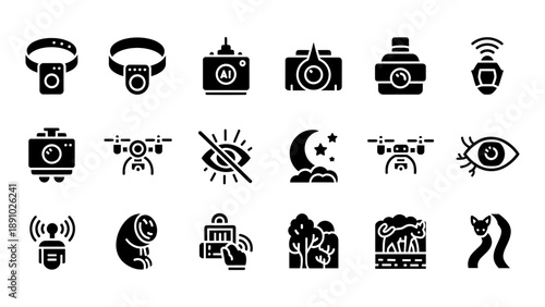 Collection of black icons representing various technology and surveillance devices on a white background