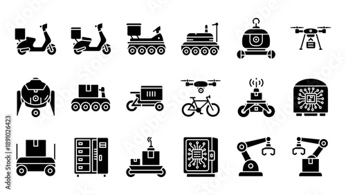 Collection of Industrial Machinery and Vehicle Icons in Vector Format