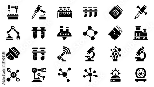 Collection of black scientific icons representing various laboratory equipment and molecular structures on a white background