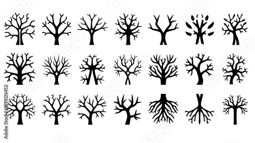 Collection of bare tree silhouettes in various shapes and sizes