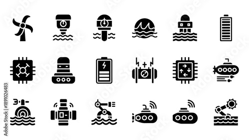 Collection of underwater technology icons representing innovation and exploration in ocean engineering and robotics