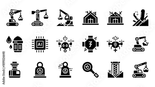 A collection of industrial icons representing various machinery and equipment in a simple, monochromatic illustration style