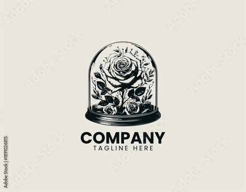 Black vector line art illustration of an elegant detailed rose flower under a glass dome cloche