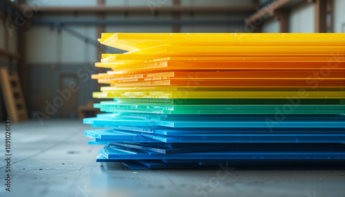 Stack of colored acrylic sheets in a warehouse