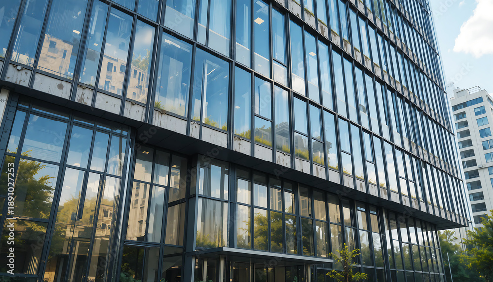 Obraz premium Modern office building with glass facade and reflections