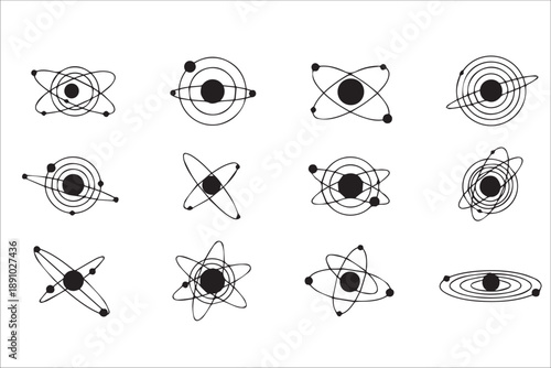 Set of Atom Symbols and Solar System Orbit Icons for Science, Physics and Space Technology Design