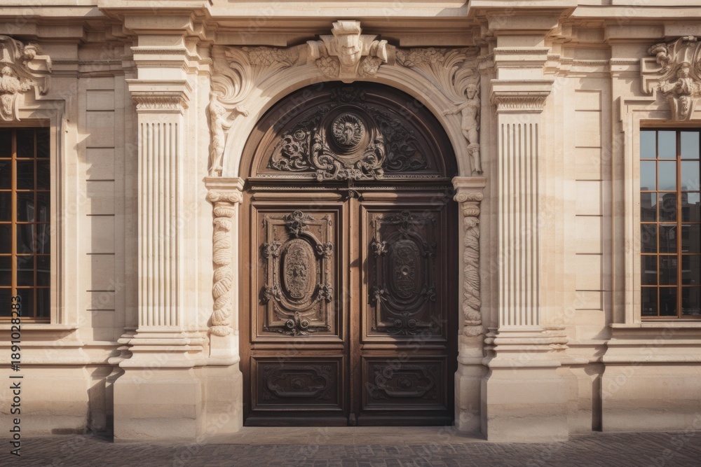 Obraz premium Elaborate carved wooden door set within an ornate stone archway of a classical european building
