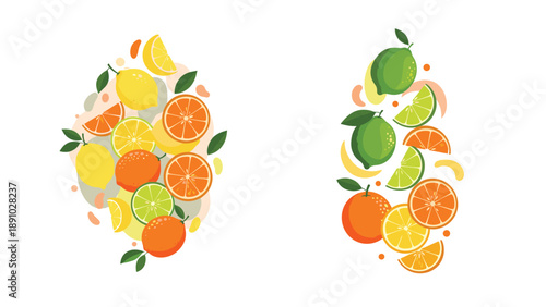Fresh citrus fruits including bright yellow lemons, vibrant oranges, and zesty green limes arranged in two colorful vertical clusters.