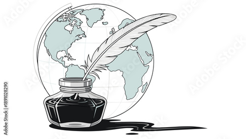 Classic symbols of global literature and history featuring a world globe, a glass inkwell with dark ink, and a large feather quill.
