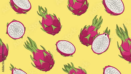 Exotic fruit pattern with whole vibrant pink dragon fruits and white fleshed slices with black seeds on a yellow background.