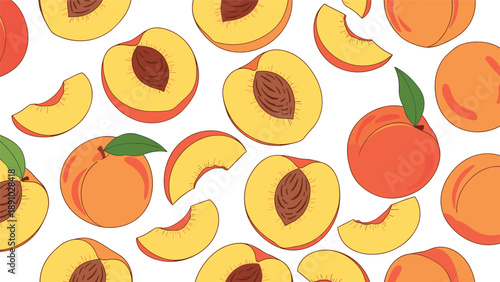 Sweet orchard pattern featuring fuzzy orange peaches and juicy yellow slices with green leaves on a white background.