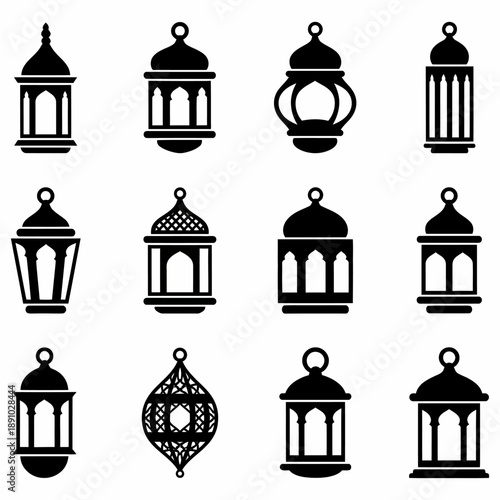 Elegant Black and White Islamic Lantern Icons Collection