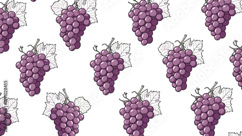 Simple and elegant pattern featuring many bunches of dark purple grapes with green leaves on a clean white background.