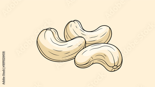 Group of three large creamy white cashew kernels arranged together on a plain light peach colored background.