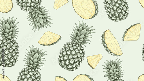 Detailed tropical pattern with whole textured pineapples and golden slices against a soft sage green background.