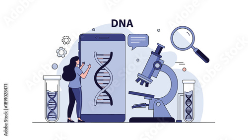 Scientific research concept featuring a woman using a smartphone to analyze a DNA helix next to a laboratory microscope.