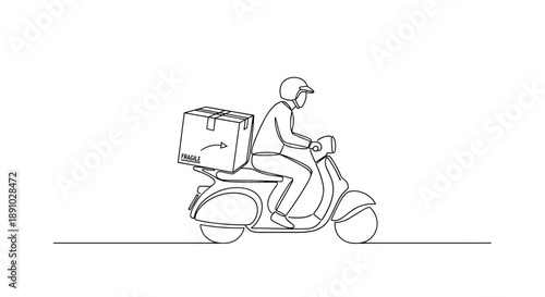 Efficient delivery service concept illustration. A courier rider on a scooter transports a package, symbolizing fast shipping and modern logistics