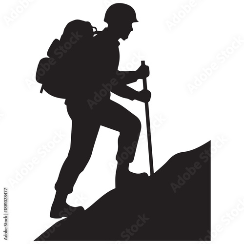 Silhouette of a Hiker Soldier Ascending a Mountain - Perseverance and Challenge