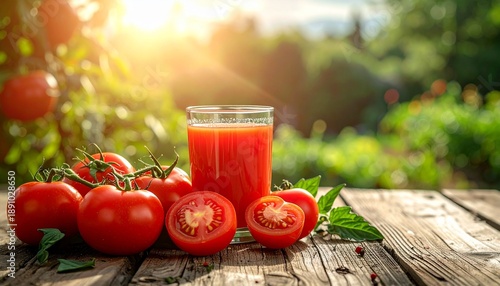 Glass of Tomato Juice with Fresh Tomatoes Outdoors