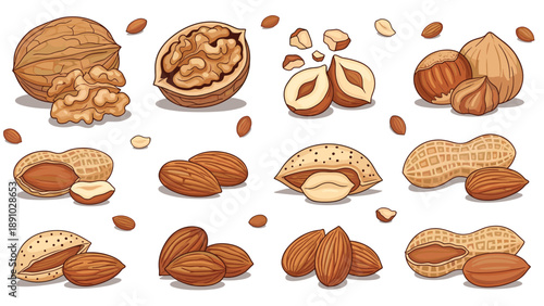 Diverse collection of various healthy nuts including walnuts, hazelnuts, peanuts, and almonds in whole and shelled forms on white background.