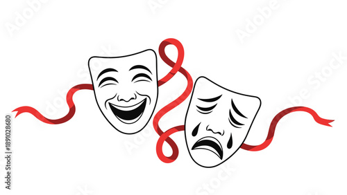 Classic comedy and tragedy theater masks intertwined with a flowing decorative red ribbon representing the dramatic arts on white background.