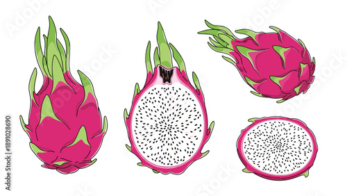Vibrant pink dragon fruit shown whole and in several cross-section slices with characteristic black seeds on a clean white background.