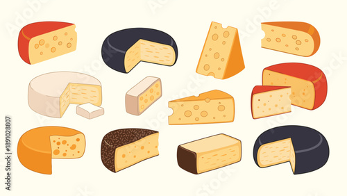 Varied selection of delicious cheese including whole wheels, large blocks, and smaller wedges with holes on a light cream background.